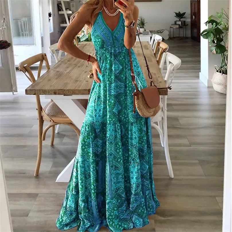Wren - Rochie Maxi Boho cu Bretele Spaghete și Decolteu în V