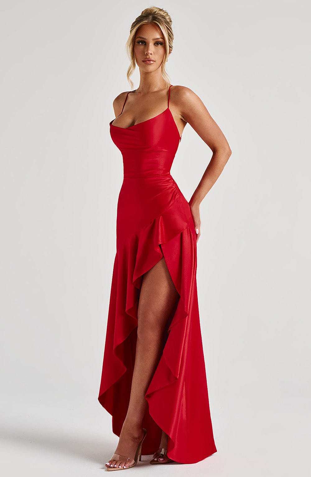 Seraphine – Rochie Maxi Damă Elegantă cu Tiv High-Low și Fanta