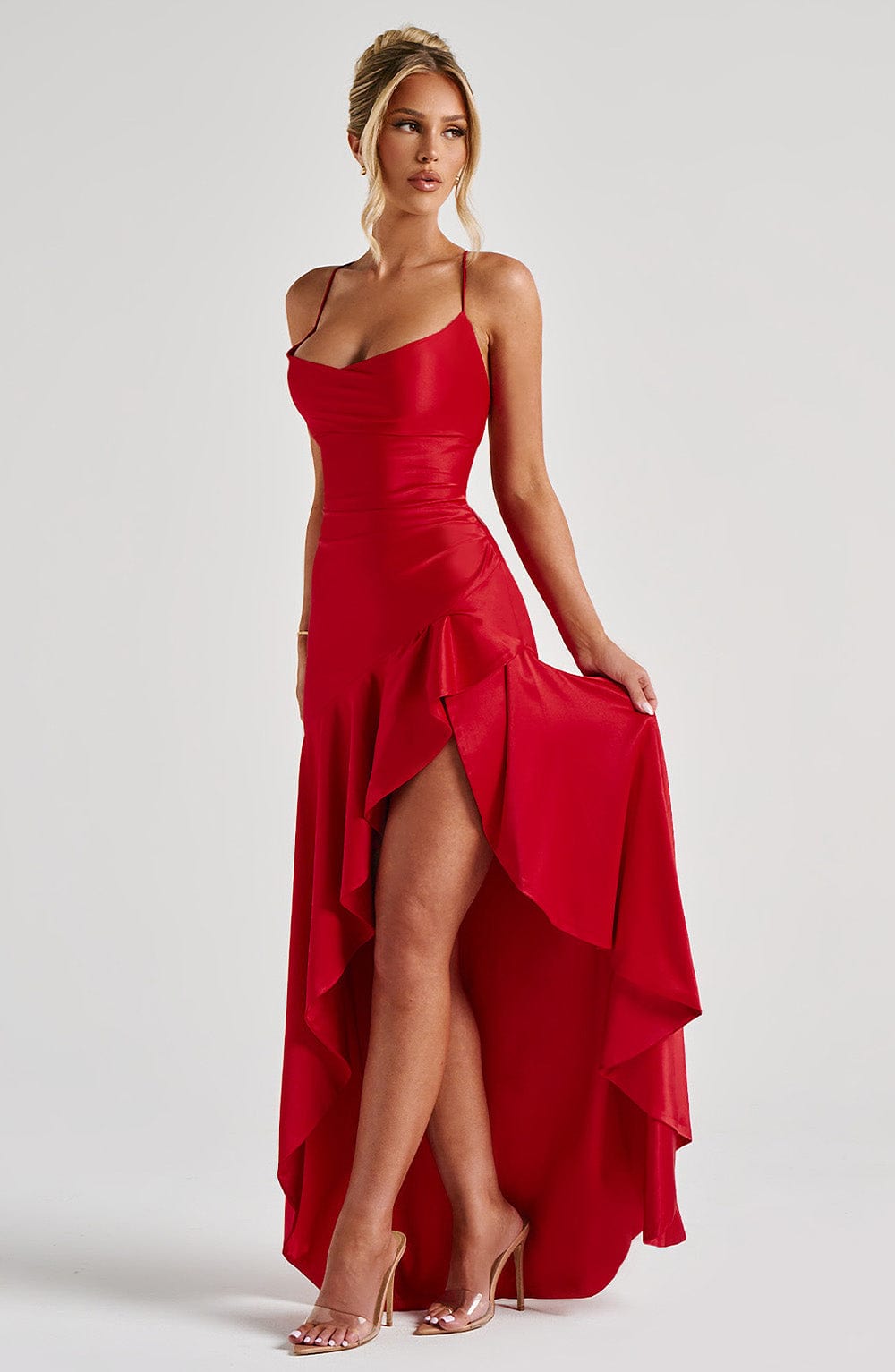 Seraphine – Rochie Maxi Damă Elegantă cu Tiv High-Low și Fanta