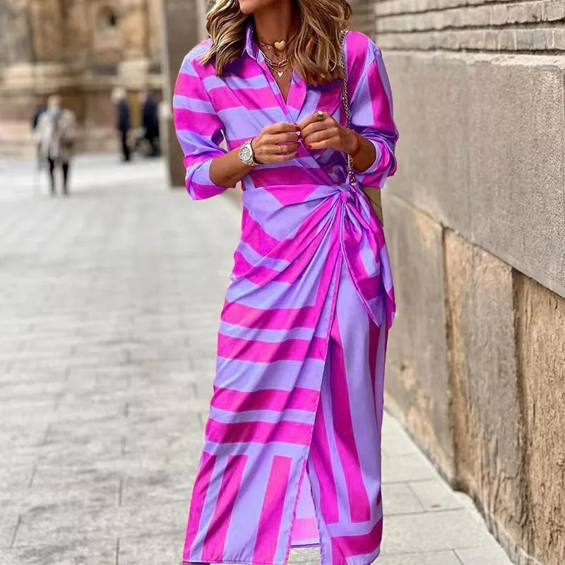 Zella - Rochie Midi cu Decolteu în V și Dungi