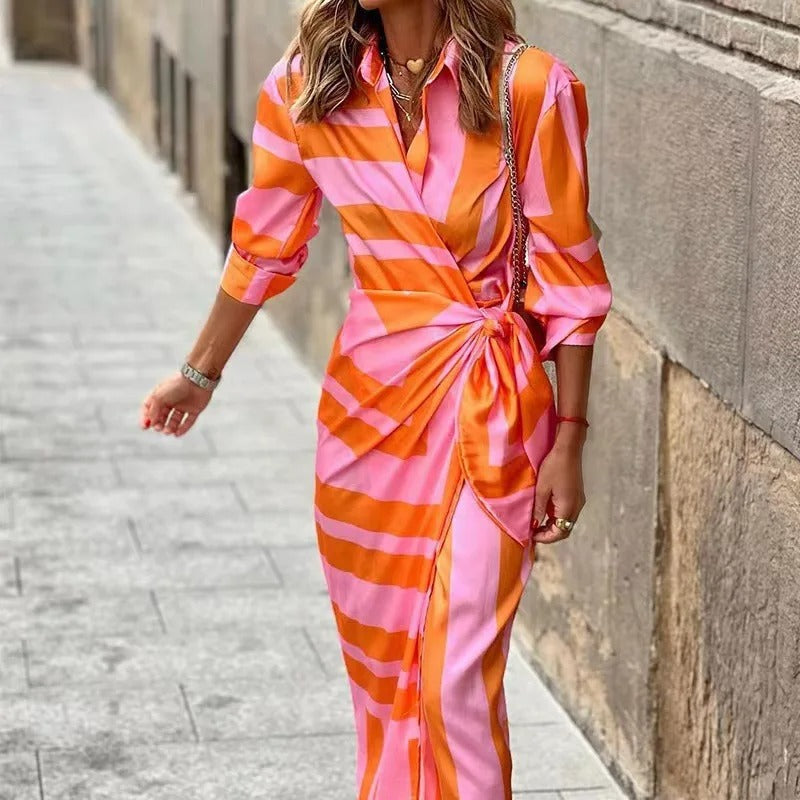 Zella - Rochie Midi cu Decolteu în V și Dungi